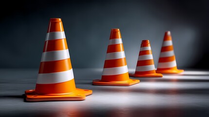 Construction Safety Cones in a Row on a Dark Background