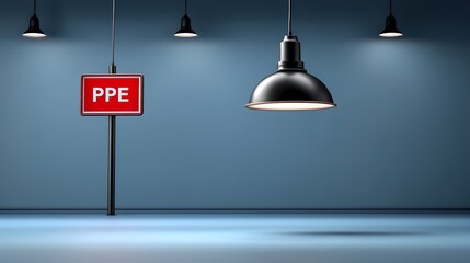 Empty Room with PPE Sign and Industrial Light Fixture Hanging