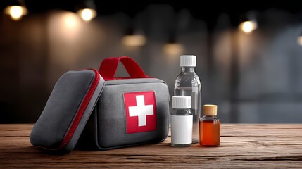 First Aid Kit with Medical Supplies on Wooden Table Background