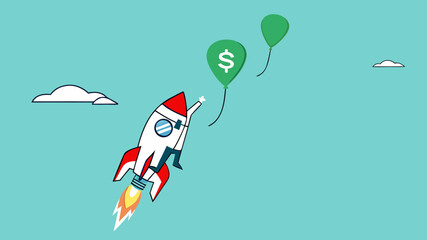 achieve financial goal with startup business success, startup business management to reach financial freedom, businesswoman flying using startup business rocket to reach balloon with dollar money