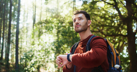 Man, watch and hiking with backpack in forest for tracking path, time or step counter in nature. Male person, hiker or traveler with wristwatch or bag in wilderness for trekking adventure or journey