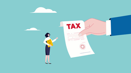 Crypto currency tax burden, businesswoman investor holding bitcoin surprised by government hand issue tax bill concept vector illustration