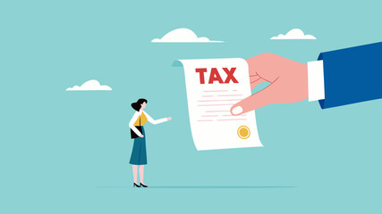 Crypto currency tax burden, businesswoman investor holding bitcoin surprised by government hand issue tax bill concept vector illustration