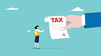Crypto currency tax burden, businesswoman investor holding bitcoin surprised by government hand issue tax bill concept vector illustration