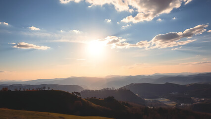 Fototapeta premium Sunset landscape photo Mountains and sky view Golden hour light Nature photography Dramatic cloudscape Wide shot
