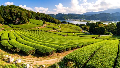 Panoramic tea plantation landscape