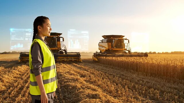 Monitoring combine harvest with augmented display. Woman worker stands in wheat field near harvester. Agriculture tech overlays show live farming data. Machines harvest wheat as operator watches. - Powered by Adobe