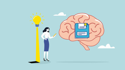 idea memory, reminder of productive plans or new business strategy, thinking skills to form good work habits, remembering or studying work plans, businesswoman store work plan data in the human brain