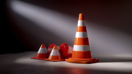 Bright Orange Traffic Cones in Dramatic Lighting on Concrete Surface