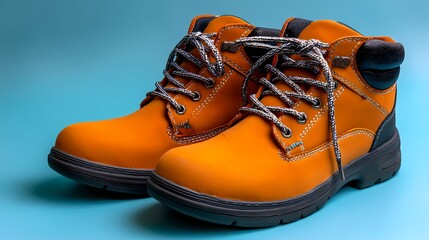 Bright Orange Boots with Black Accents on a Blue Background