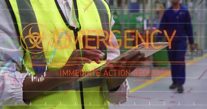 plant lead tapping tablet showing biohazard icon flashing EMERGENCY alert admin reading phone alert