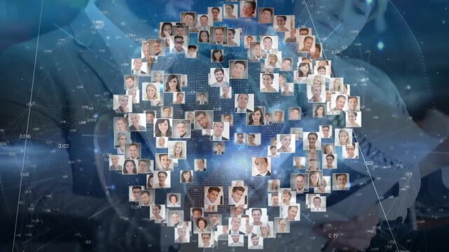 Headshots drifting inward, forming rotating business globe with data in workspace for networking
