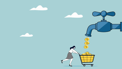 get profits from business or dividends from stock investments, making cash flow, income from affiliate marketing program, businesswoman collects golden coins from the water tap using a shopping cart
