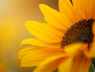 Single sunflower in foreground with soft bokeh &ndash; warm golden light, shallow depth of field, artistic botanical photo