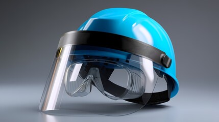 Blue Safety Helmet with Eye Protection Visor on Gray Background