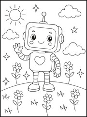 Cute Robot Coloring Page for Kids. Smiling Cartoon Robot with Heart Waving in a Flower Field Under the Sun and Clouds. Black and white line art for children