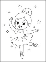 Graceful Girl Dancing in Tutu with Crown Coloring Pages for Kids. Black and White Line Art for Kids Coloring Pages and Dance-Themed Crafts