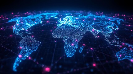 Fototapeta premium A glowing digital representation of the Earth, highlighting global connections and data flow across continents.