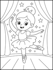 Cute Girl Dancing Coloring Page for girls. Little Girl Dancing on Stage with Stars and Curtains. Perfect for kids who love ballet, dance, and princess themes