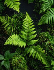 Verdant fern fronds amidst lush moss and verdant ground cover, offering a dense, textured, and vibrantly green natural scene