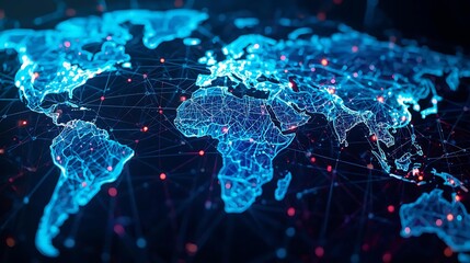 A glowing blue digital representation of the Earth, showing continents and interconnected nodes, symbolizing global networks and data flow.