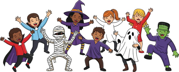 Naklejka premium Delightful Halloween fun with kids in costumes partying as a mummy, ghost, witch, and Frankenstein