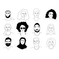 Avatar Set of 8 People – Hand Drawn Diverse Profiles in Ligne Claire Style, Black and White Vector