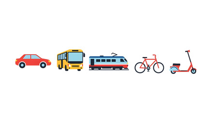 Fototapeta premium Diverse collection of modern transport vehicles car, bus, train, bike, scooter icons. Flat design for travel, urban mobility, and commuting infographics
