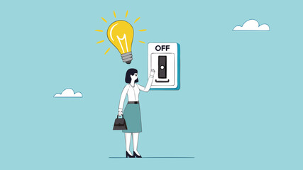 turn on creative light bulb idea, businesswoman turns on the switch to activate the light bulb idea, critical thinking or emotional intelligence, wisdom using knowledge or mindset