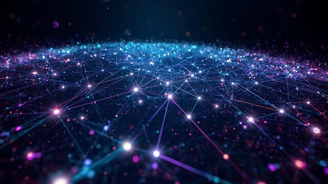 A glowing network of interconnected nodes and lines, representing data flow and digital connections in a futuristic abstract visualization.