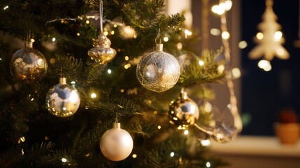 Christmas Tree With Baubles And Blurred Shiny Lights