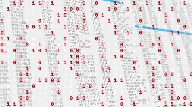Red binary digits cascading against zero backdrop columns fading blue scanner highlighting errors