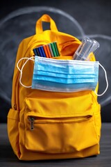 A bright yellow backpack with school supplies and a blue surgical mask, set against a chalkboard, symbolizes back-to-school during the pandemic