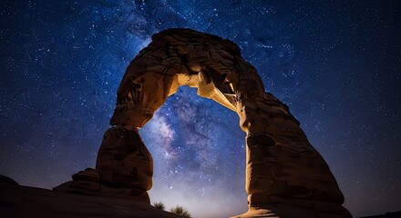 Celestial canvas: Delicate arch framing the vibrant milky way under a starry night sky landscape