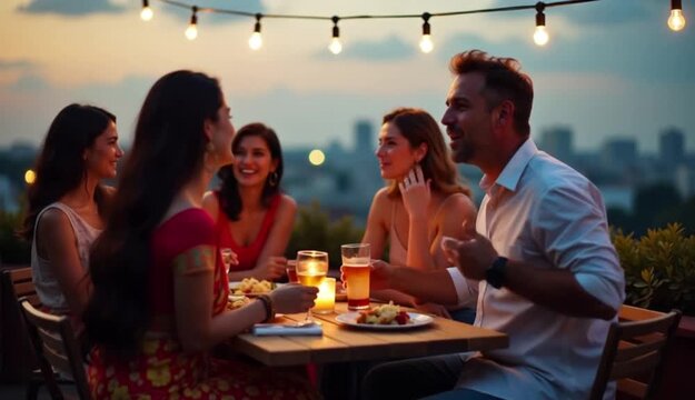 People enjoying outdoor dinner party at sunset with friends and string lights