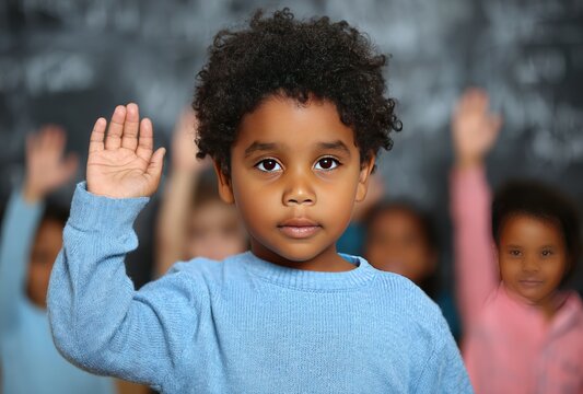 Young boy with curly hair in a blue sweater raises his hand in front of a blurred classroom of diverse children and a dark chalkboard