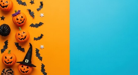 Get ready for spooky season with this Halloween flat lay featuring pumpkins, bats, and witch hats