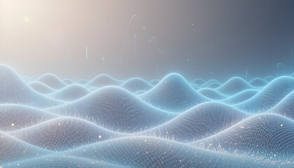 Microscopic view of a fluid surface with undulating waves, rendered in soft blue and white light, creating a serene and abstract representation of molecular structures or a gentle liquid landscape