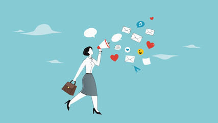 digital marketing, create promotional content to increase sales, internet or online marketing, woman content creator use megaphone to introduce their products and get good feedback illustration