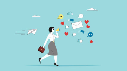 digital marketing, create promotional content to increase sales, internet or online marketing, woman content creator use megaphone to introduce their products and get good feedback illustration