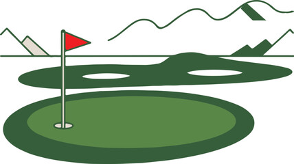 Golf course with mountains and red flag green
