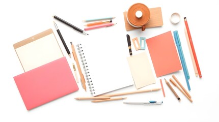Minimalist office supplies composition from above, 16:9 image designed for templates, headers, and professional projects