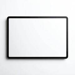 Blank, black-framed electronic tablet device positioned horizontally on a clean white surface, casting a slight shadow on the wall