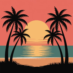 Four palm trees at a retro sunset over the ocean beach