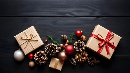 Christmas flat lay with shiny ornaments on clean background, 16:9 image ideal for festive product mockups