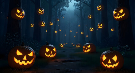 A haunted pathway through an enchanted dark forest filled with glowing carved pumpkins and mysterious fog for a spooky Halloween night