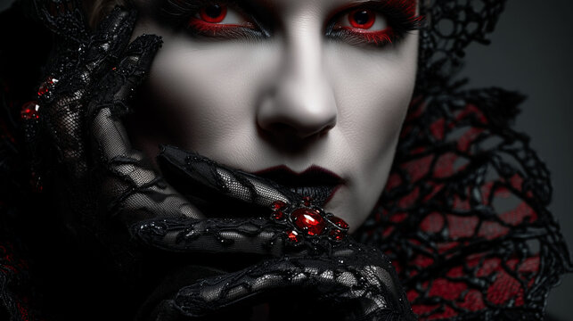 Dark gothic vampire queen with red eyes, dramatic makeup, lace costume and black lipstick creating spooky Halloween horror aesthetic and mysterious fantasy night atmosphere.
