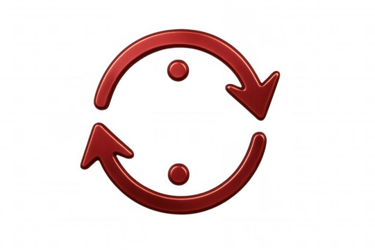 Circular red arrows rotating clockwise with twin dots, indicating cyclical refresh or reload motion on transparent surface