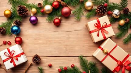 Holiday-themed flat lay featuring Christmas decorations, wide 16:9 aspect ratio for website backgrounds and promotions