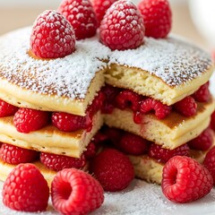 A delightful stack of fluffy pancakes, layered with fresh raspberries and topped with powdered sugar, is sliced open to reveal the sweet filling.